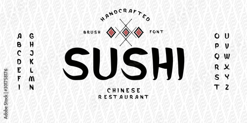 Vector handwritten display font. Japanese style Typeface. Retro ABC. Hand Made Asian Alphabet. English letters and numbers.Logo of Bar or Shop Sushi. Vector Illustration.