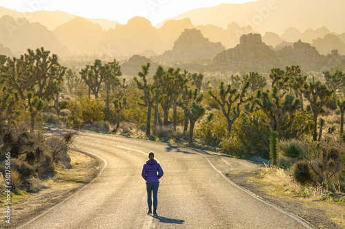 Photos Woman walks down the empty freeway leading through Joshua Tree National Park