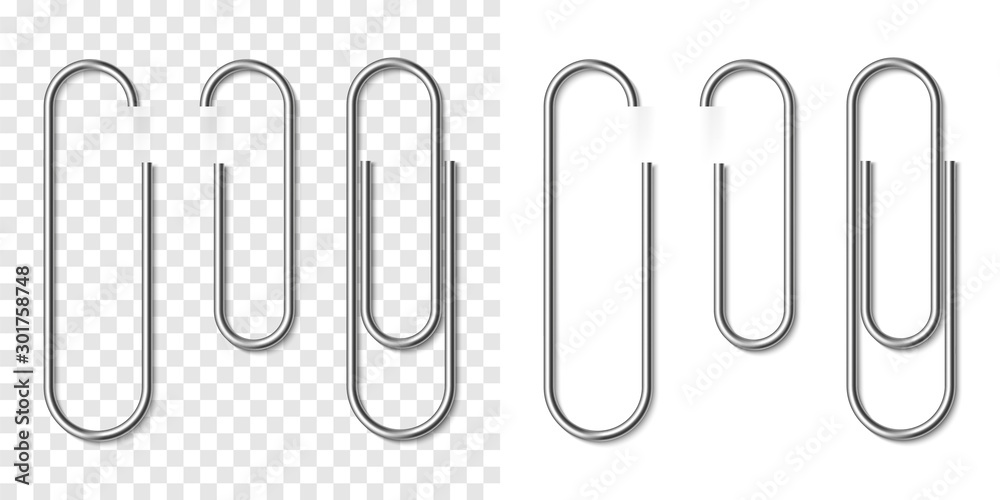 Set of silver metallic realistic paper clip