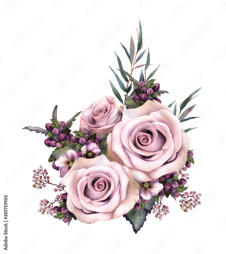 Picturesque floral arrangement of herbs, pink roses and nettle hand drawn in watercolor isolated on a white background. Watercolor illustration. Ideal for creating invitations, greeting, wedding cards