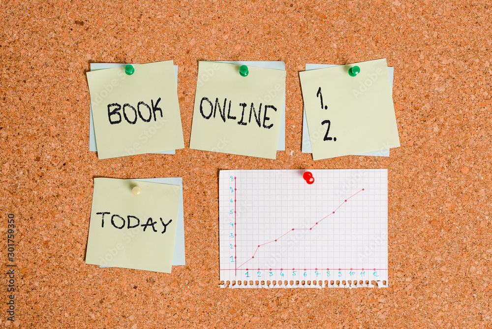 Conceptual hand writing showing Book Online. Concept meaning booklike form that is only available to read on the Internet Corkboard size paper thumbtack sheet billboard notice board Conceptual hand writing showing Book Online. Concept meaning booklike form that is only available to read on the Internet Corkboard size paper thumbtack sheet billboard notice board