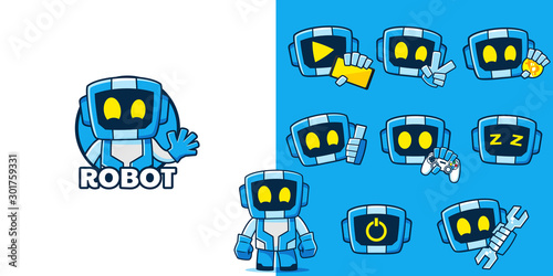 Blue Robot mascot set collection / expression logo designs photo