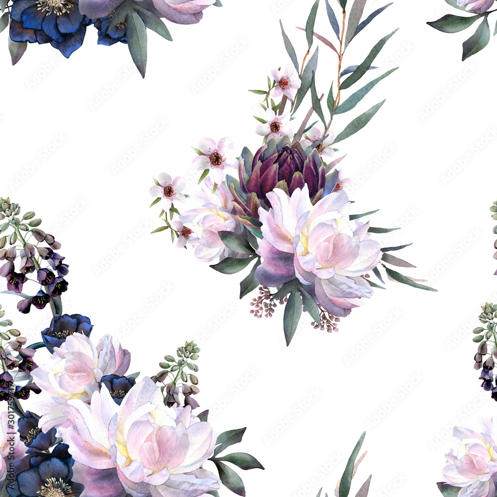 Obraz premium Picturesque seamless floral pattern depicting peonies arrangements with leaves, flowers, artichokes, herbs hand drawn in watercolor isolated on a white background. Watercolor background.