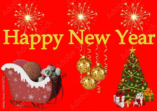 Greeting Card Design Template with New Year's toys and fireworks. Vector illustration of christmas background. Santa Claus sleigh and Christmas tree with gifts. On a red background