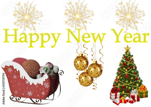 Greeting Card Design Template with New Year's toys and fireworks. Vector illustration of christmas background. Santa Claus sleigh and Christmas tree with gifts. On white background