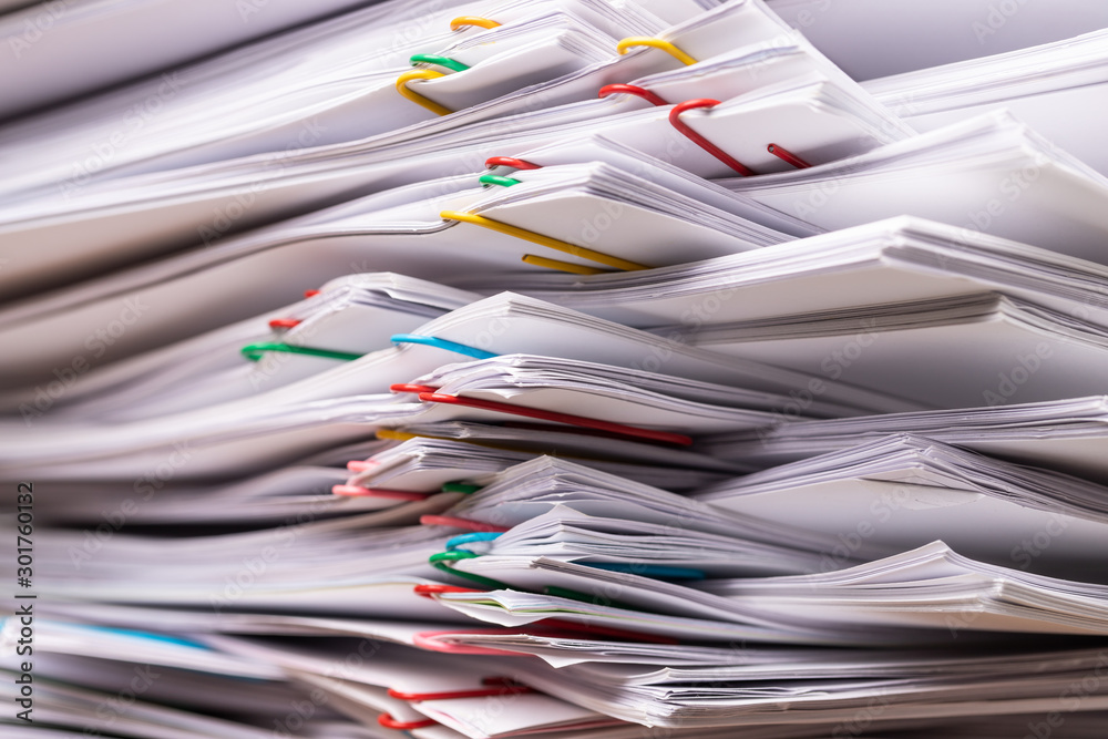 Stack overload document report paper. - obrazy, fototapety, plakaty 