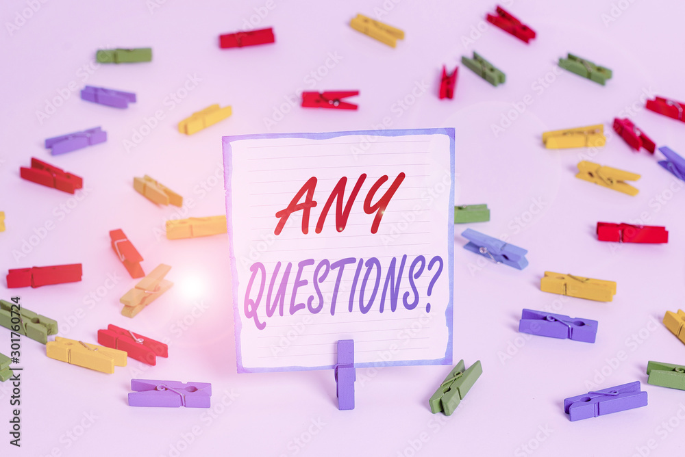 Handwriting text Any Questions Question. Conceptual photo you say write order to ask demonstrating about something Colored clothespin papers empty reminder white floor background office Handwriting text Any Questions Question. Conceptual photo you say write order to ask demonstrating about something Colored clothespin papers empty reminder white floor background office