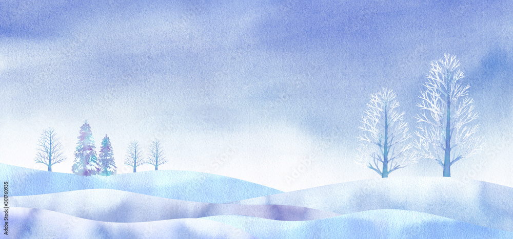冬の晴れた日の幻想的な平原水彩イラストstock Illustration Adobe Stock