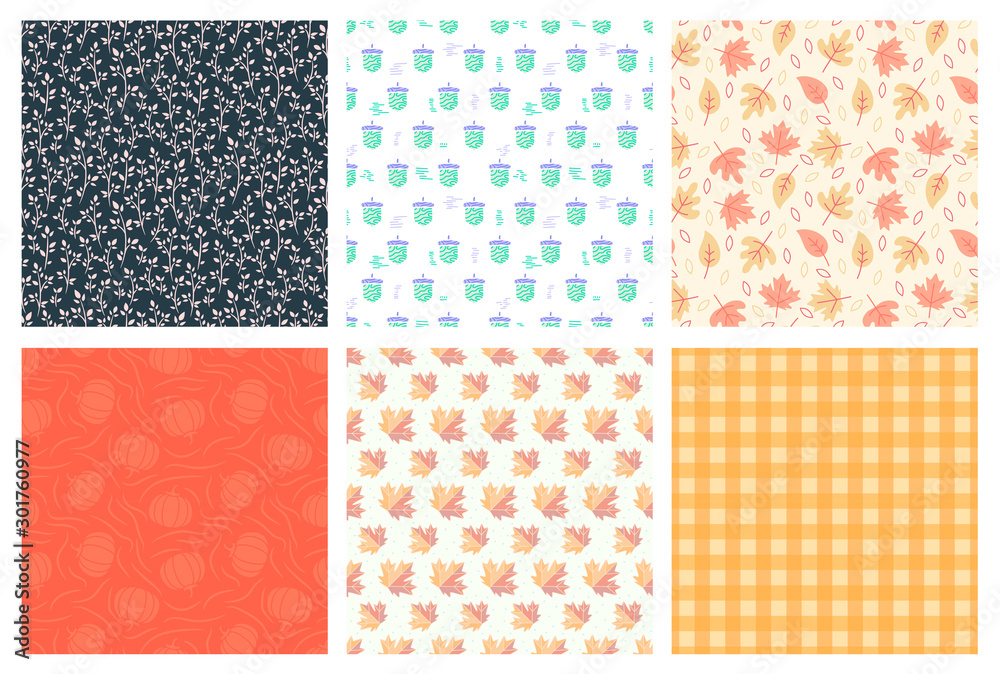 Fall autumn thanksgiving abstract seamless pattern maple leaf background texture set pack