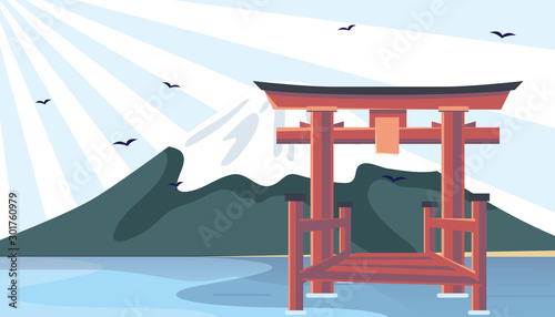 Photography Flat vector web banners on the theme of Sakura Japan, mountain, castle, kawaguchiko, snow, temple, pagoda