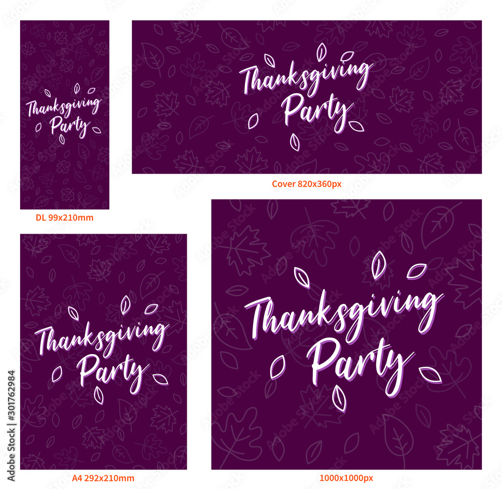 Thanksgiving Party Cover DL A4 Flyer Banner poster template vector illustration Autumn holiday greeting card set pack