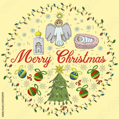 Orthodox Christmas banner in a circle of garlands with the inscription congratulations in the style of childrens Doodle baby tree among the balls angel baby painted snowflake background isolated