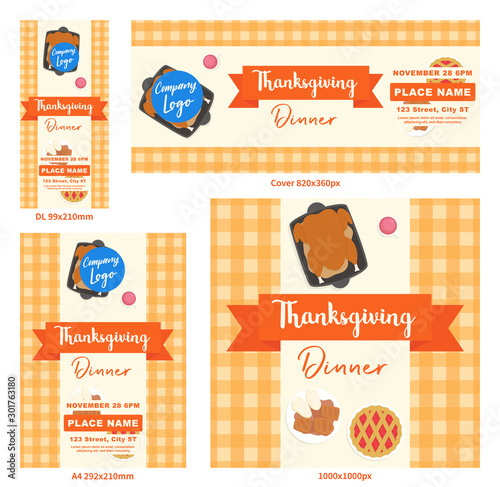 Thanksgiving Dinner Cover DL A4 Flyer Banner poster template vector illustration Autumn holiday greeting card set pack