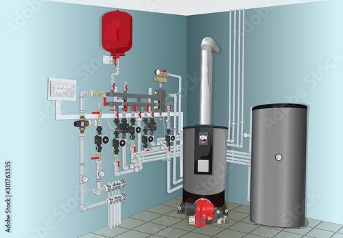 Detailed vectorial image of a boiler room with a heating and hot water supply system of building. 