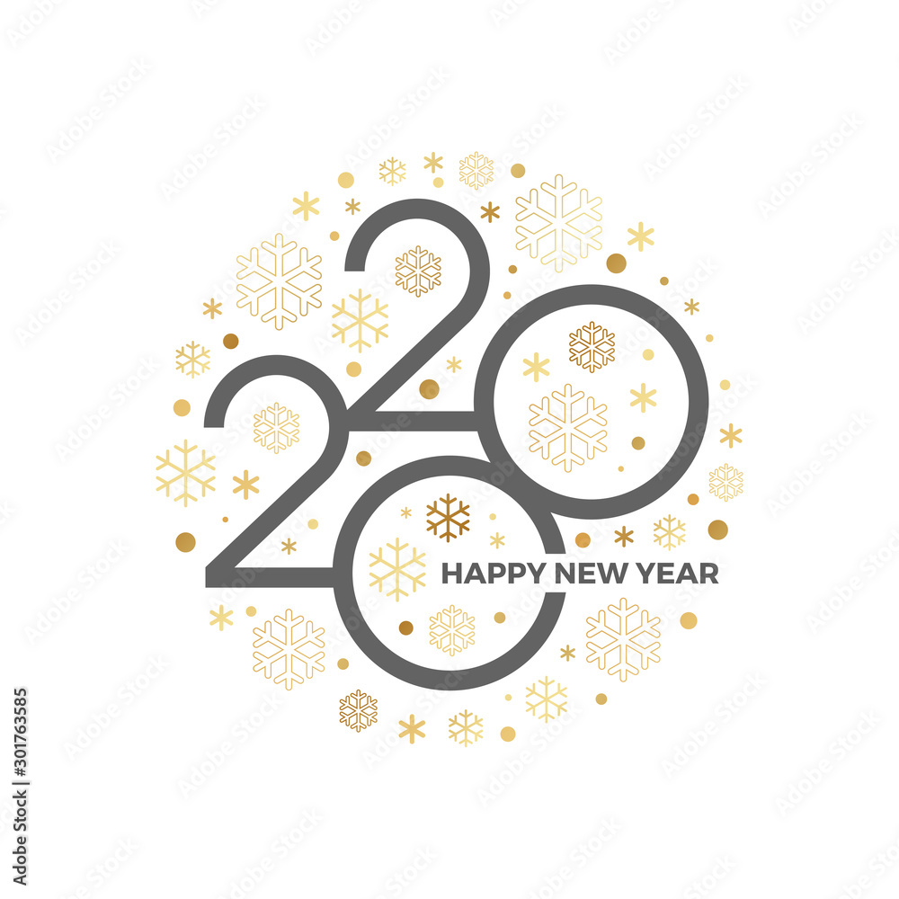 2020 new year logo with holiday greeting and showflakes on a white background. Design for greeting card, invitation, calendar, etc. - obrazy, fototapety, plakaty 