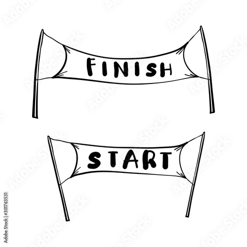 handdrawn start and finish line banners, streamers, flags for outdoor sport event, competition race, run. with doodle cartoon style