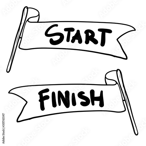 handdrawn start and finish line banners, streamers, flags for outdoor sport event, competition race, run. with doodle cartoon style