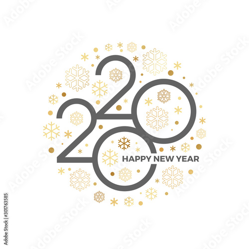 2020 new year logo with holiday greeting and showflakes on a white background. Design for greeting card, invitation, calendar, etc.