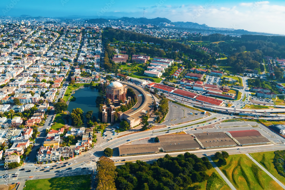 Aerial view of San Francsico, CA with the Palace of Fine Arts