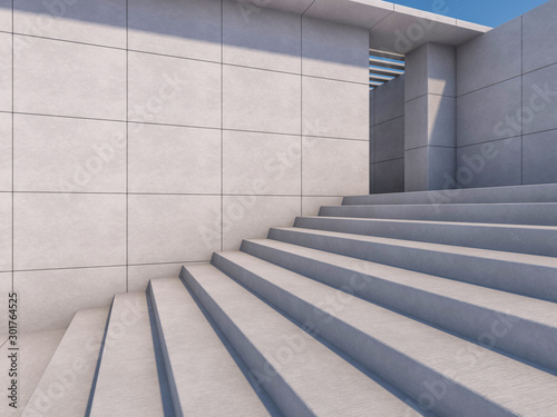 Granite stairs and a concrete wall. 3D