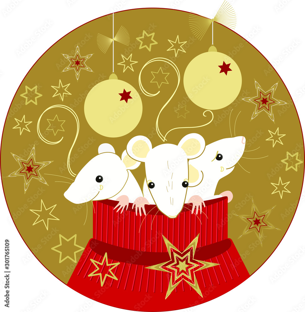 Obraz premium Three white mice on gold background