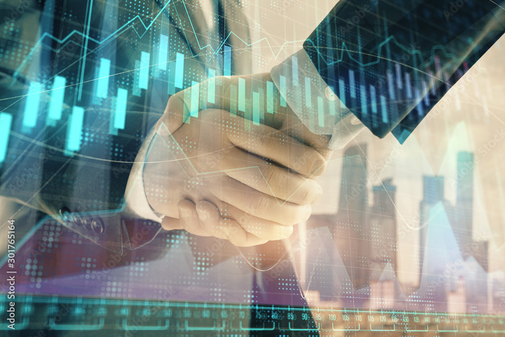Double exposure of financial graph on cityscape background with two businessman handshake. Concept of stock market deal Double exposure of financial graph on cityscape background with two businessman handshake. Concept of stock market deal