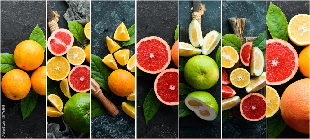 Fresh citrus fruits. Photo collage. Banner. - obrazy, fototapety, plakaty 