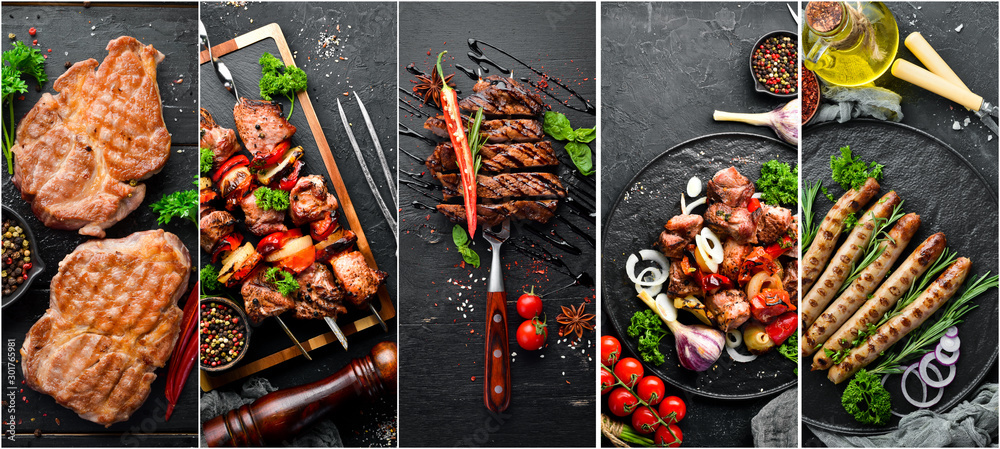 Barbecue, meat dishes: steak, kebab, sausage. Photo collage. Banner. - obrazy, fototapety, plakaty 