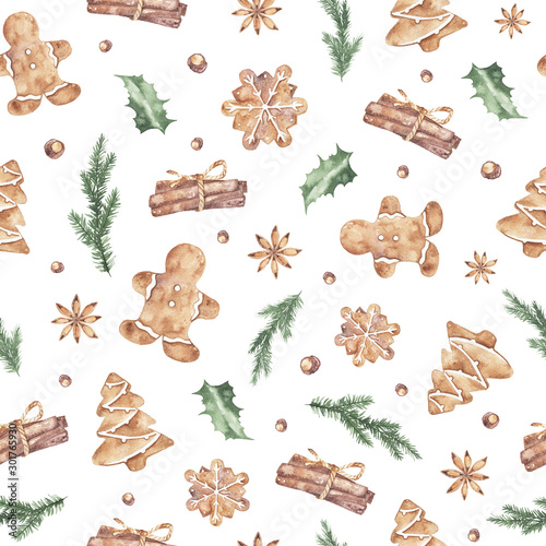 Watercolor winter christmas seamless pattern with ginger cookies cinnamon fir branches Holly Jolly isolated on white background. Xmas new year holiday illustration for fabric textile