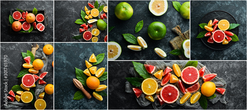 Fresh citrus fruits. Photo collage. Banner.