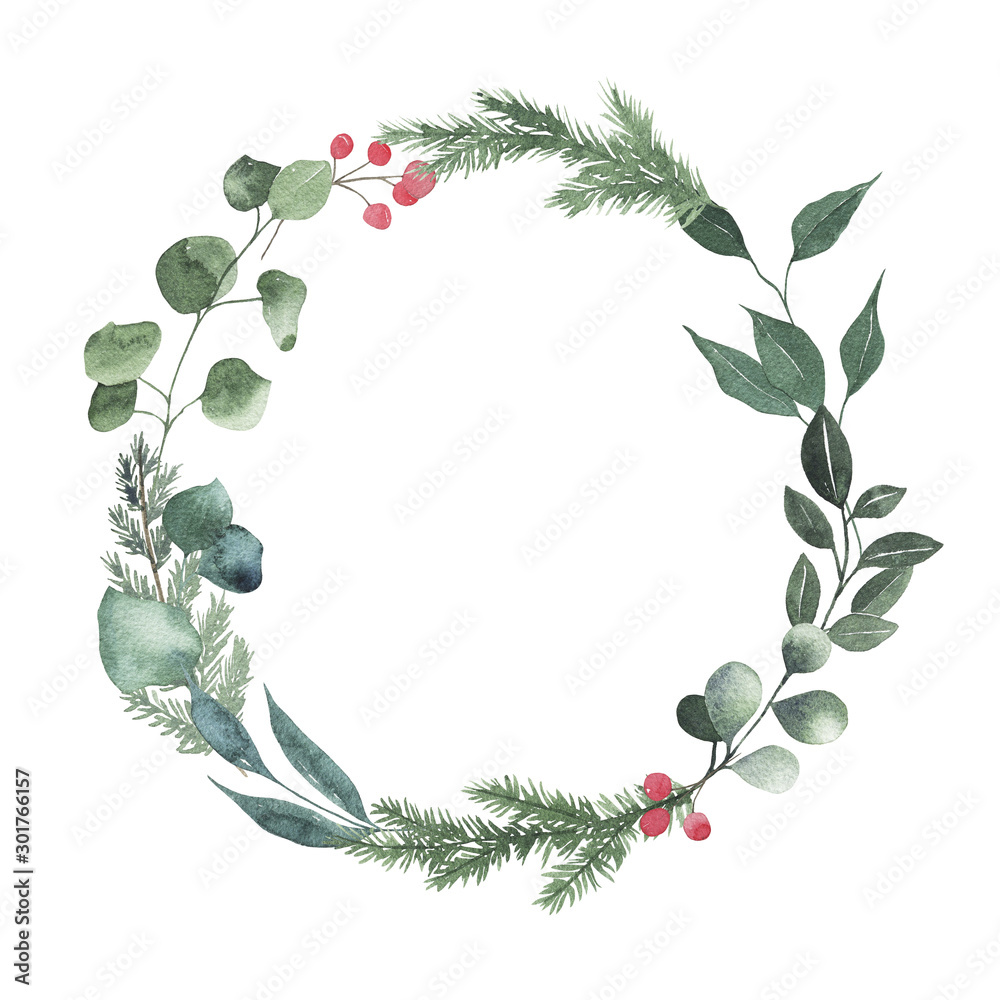 Watercolor round christmas frame with fir branches berry leaves plant herb winter flora isolated on white background. Botanical greenery new year holiday illustration for wedding invitation design - obrazy, fototapety, plakaty 