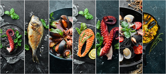 Seafood dishes: salmon, Dorado, octopus, mussels. Photo collage. Banner.