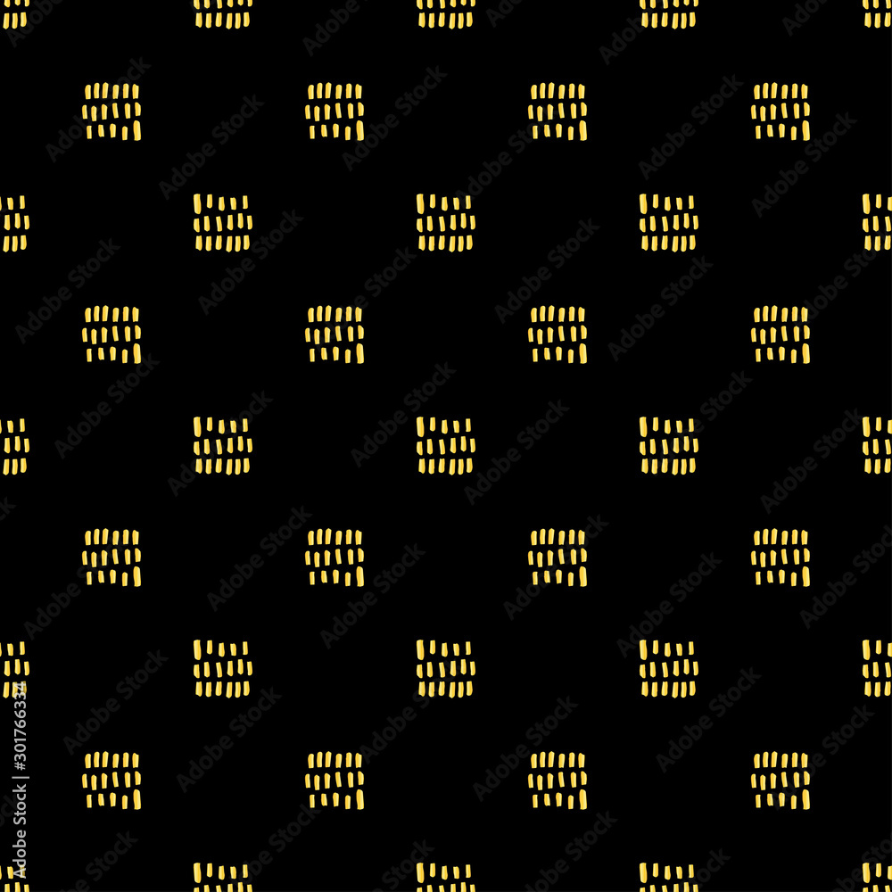 Gold geometric seamless pattern with stripes, squareson black background. Abstract texture in hand drawn style for fabric, textile print, Wallpaper design, wrapping paper. Vector illustration