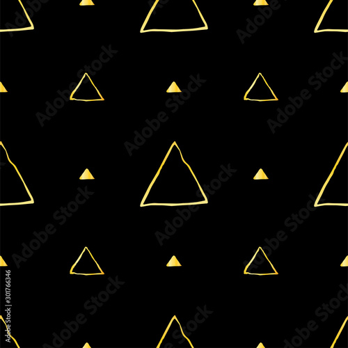 Gold geometric seamless pattern with triangles on black background. Abstract texture in hand drawn style for fabric, textile print, Wallpaper design, wrapping paper. Vector stock illustration