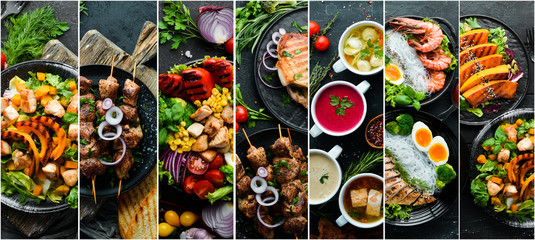 Set of dishes. Seafood, meat and vegetables. Photo collage. Banner.
