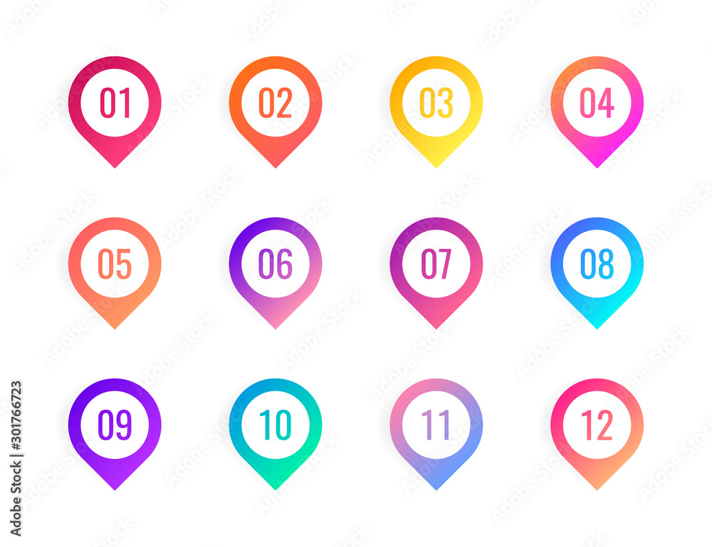 Super set arrow bullet point triangle flags on white background. Colorful gradient markers with number from 1 to 12. Modern vector illustration Super set arrow bullet point triangle flags on white background. Colorful gradient markers with number from 1 to 12. Modern vector illustration