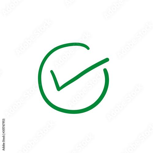 green circle Check mark icon with hand drawn doodle style vector