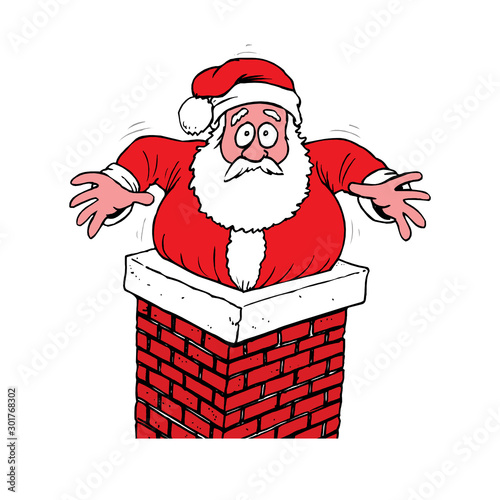 funny cartoon Santa Claus got stuck in the chimney on the roof, vector greeting card