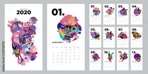 2020 new year calendar design template with colorful abstract doodle decorative illustration 