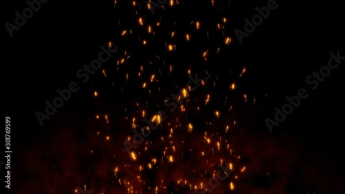 Burning red hot flying sparks fire in the night sky. Beautiful abstract background flying on black background.