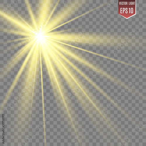 Special lens flash, light effect. The flash flashes rays and searchlight. illust.White glowing light. Beautiful star Light from the rays. The sun is backlit. Bright beautiful star. Sunlight. Glare