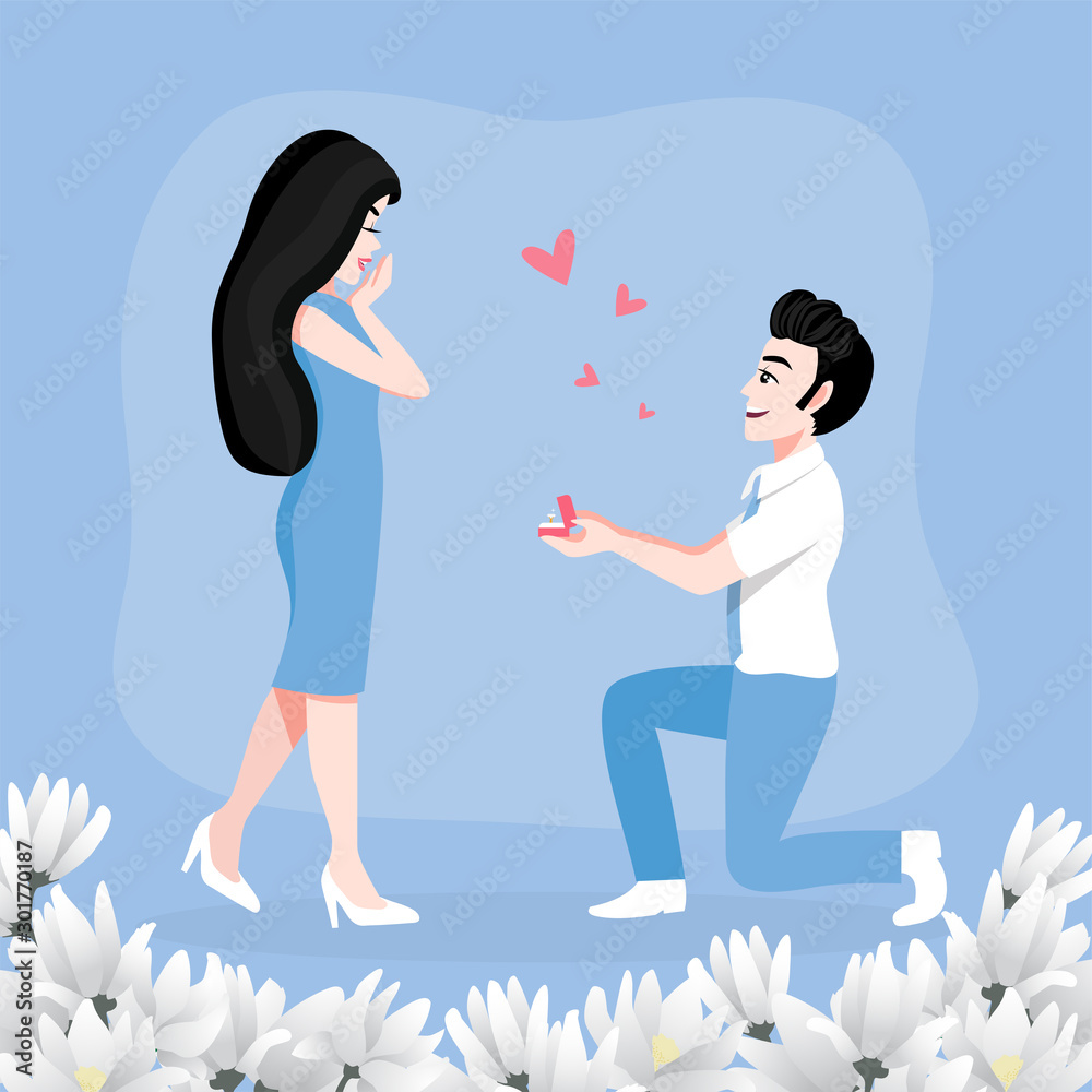 Valentine's Day cartoon character with a cute couple in love, man proposing  to the woman kneeling vector illustration 312 Stock Vector | Adobe Stock