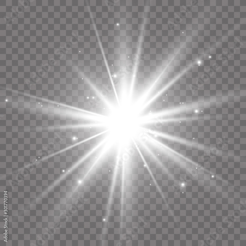 Special lens flash, light effect. The flash flashes rays and searchlight. illust.White glowing light. Beautiful star Light from the rays. The sun is backlit. Bright beautiful star. Sunlight. Glare