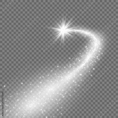 Comet on a transparent background. Bright Star. Starry beautiful path. Shooting star. Comet tail. Meteor flies. Space object.