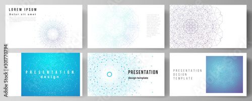 The minimalistic abstract vector illustration layout of the presentation slides design business templates. Big Data Visualization, geometric communication background with connected lines and dots.