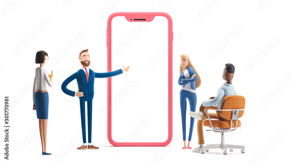 Application development and social media concept. 3d illustration. Cartoon characters. Business teamwork concept on white background. Application development and social media concept. 3d illustration. Cartoon characters. Business teamwork concept on white background.