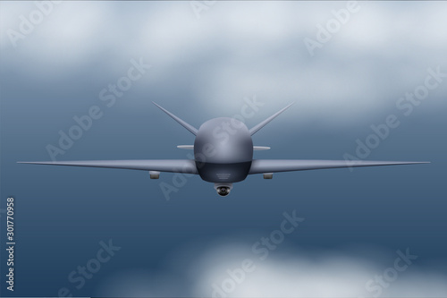 UAV Drone. Military Unmanned aircraft spy. Flight in storm sky. Front view. Vector Illustration.