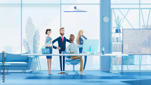 Fototapeta Naklejka Na Ścianę i Meble -  A team of employees works on the computer. Modern office. 3d illustration.  Cartoon characters. Business teamwork concept. Blue Background.