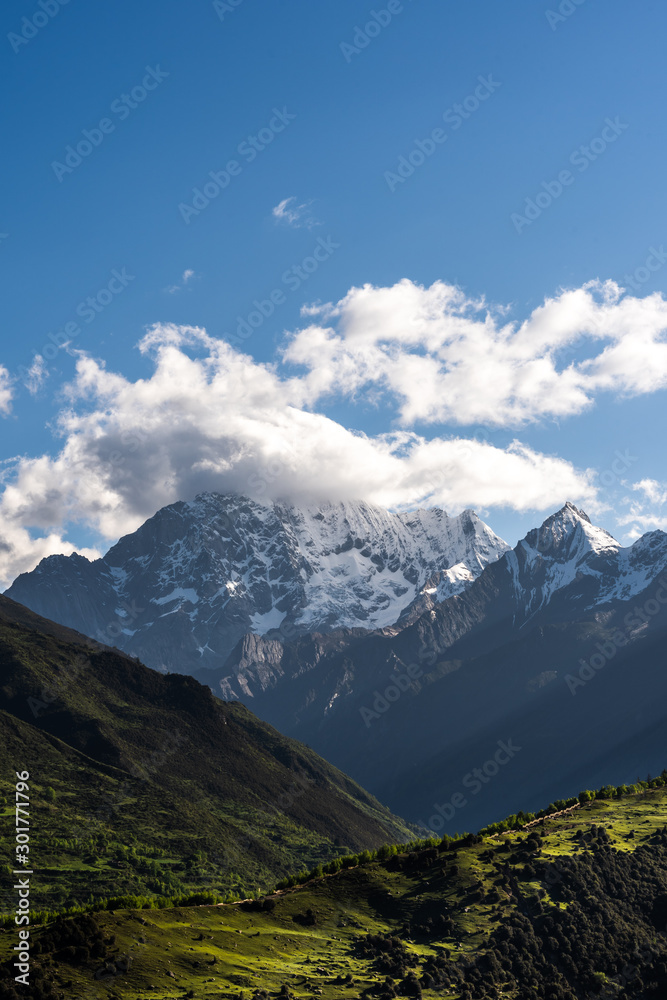Landscape of Siguniang mountain or Four girls mountains with snow cap on top and  plants,located in Xiaojin County of the Aba Tibetan and Qing Autonomous Prefecture in western Sichuan Province.