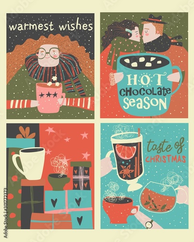 Set of cartoon christmas cards with winter beverages
